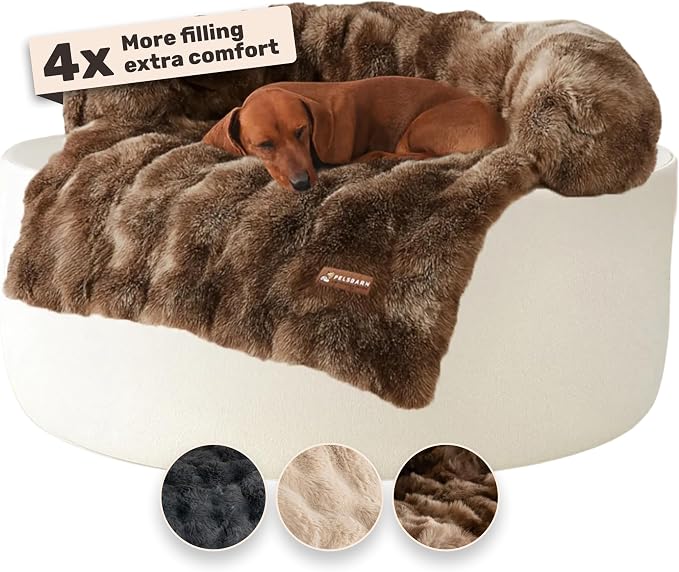 Pelsbarn Dog Bed for Couch, Luxurious Sofa Bed for Dogs with Non-Slip Oxford Bottom - Faux Rabbit Fur with Removable Cover, Small, Latte Swirl Color - 28x28 in