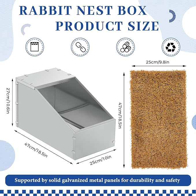 Maxcheck Galvanized Metal Rabbit Nesting Box, 18.5*10.6*10 in with 2 Pcs Grass Mats, Bunny Small Animal Nest with Removable Acrylic Floor for Breeding, Durable, Easy to Clean for Indoor/Outdoor Use