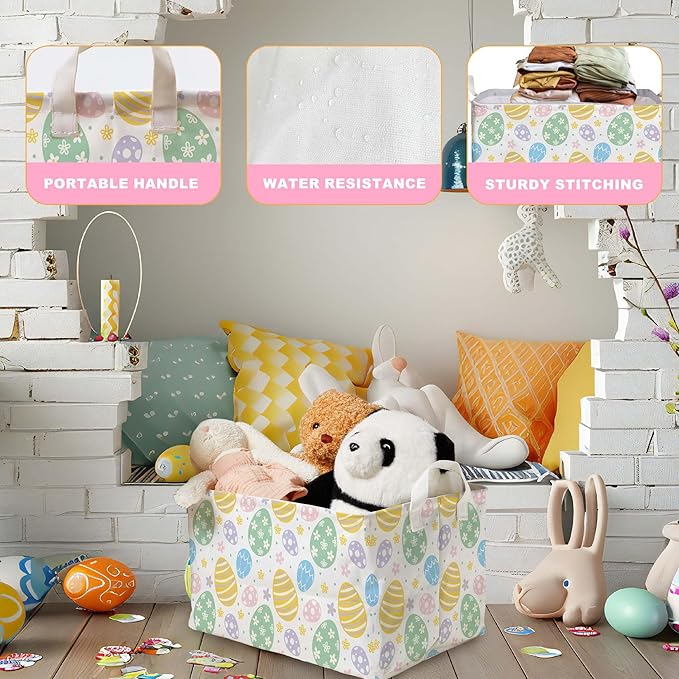 Eggs Rabbit Easter Basket, Colorful Eggs Baby Gift Basket, Empty Toy Nursery Bin, Large Square Canvas Laundry Hamper With a Waterproof PE Coating, Foldable Girls Toy Clothes Bins for Bedroom