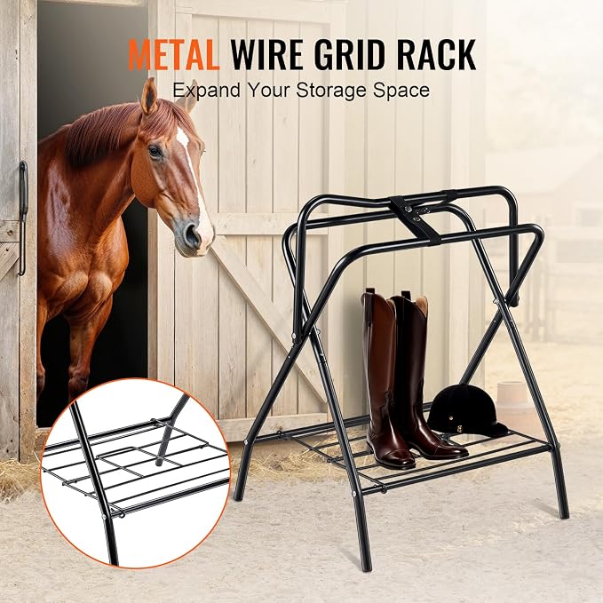 VEVOR Folding Saddle Rack, Freestanding Horse Saddle Stand, Portable Horse Blanket Holder, Heavy Duty Steel Saddle Rack for English & Western Saddles, Tack Storage, 28 x 19 x 37.5 in, Black