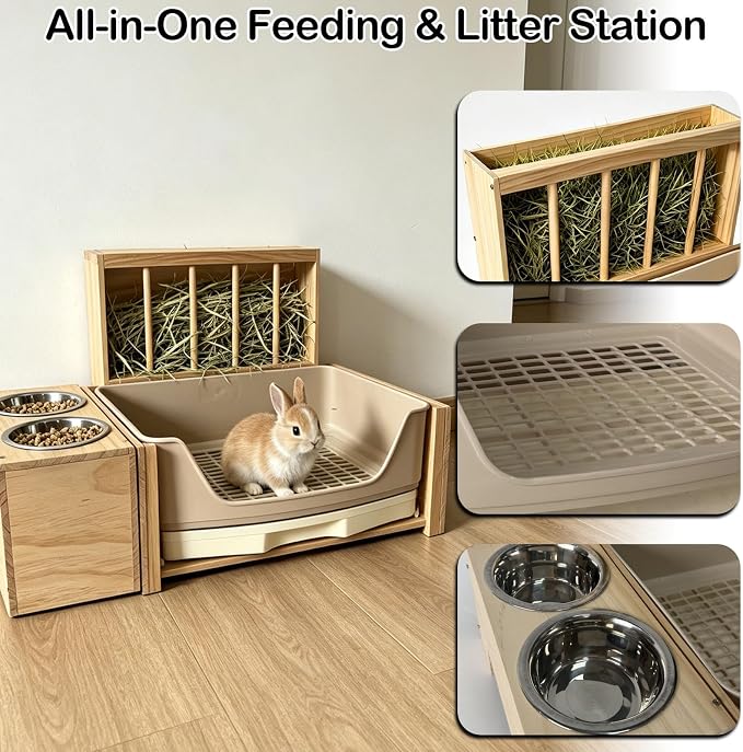 3-in-1 Large Rabbit Hay Feeder with Drawer Litter Box, Sturdy Solid Wood Bunny Feeding Station with Hay Rack for Rabbits, Guinea Pigs, Chinchillas, Ferrets and Small Animals