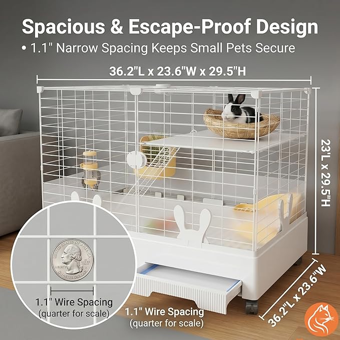 Oneluck Rabbit Cage Indoor,Loft Bunny Hutch with Urine-Proof wall,Leak-Proof Trays, Wheels 28.7" L x 18.1" W x 25.6" H for Rabbits Chinchillas, Guinea Pig and Small Animal (Small, Opaque)