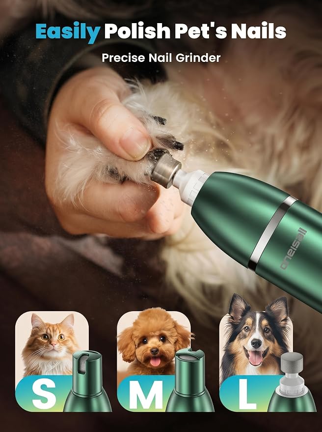 oneisall 4 in 1 Dog Grooming Kit with LCD Display, Dog Hair Trimmer for Paw Nail Grinder, Rechargeable Cordless Low Noise IPX7 Waterproof Pet Clippers Green