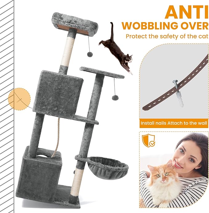 54-Inch Cat Tree Tower with 2 Caves & 2 Pompoms - Multi-Level Tower for Indoor Cats, Soft Plush Condo with Scratching Posts - Sturdy Base for Large Cats(Gray)