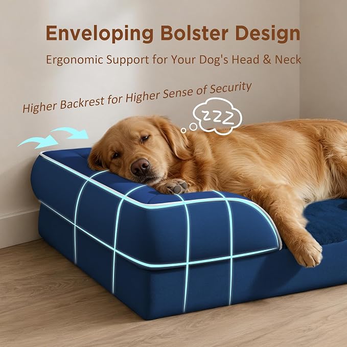 Comfort Expression Orthopedic Dog Beds for Large Sized Dog with Bolster | Waterproof Dog Couch Bed with Washable Cover & Non-Slip Bottom, Supportive Egg Crate Foam Large Pet Bed, 38x25 Inch