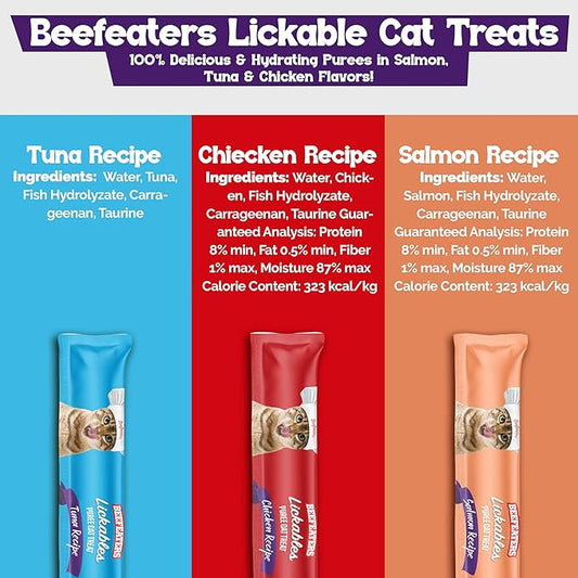 Beefeaters wet cat treats lickable 72 Count Puree Variety Pack - Salmon Tuna Chicken for Hydration & Training, Grain Free Taurine Enriched High Moisture, lickable cat treats squeeze up for Picky Eater