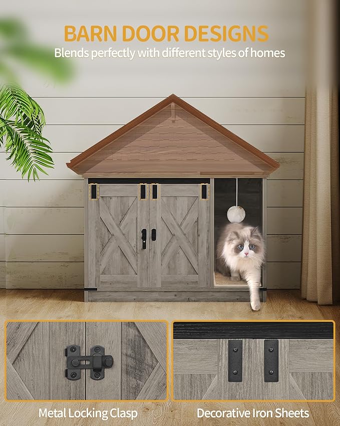 Hzuaneri Cat Litter Box Enclosure, Hidden Litter Box Cabinet Furniture with Bell, Indoor Cat House, Farmhouse Style, 31.5 x 19.7 x 20.9Inches, for Hallway, Bedroom, Light Ivory and Brown CB82405X