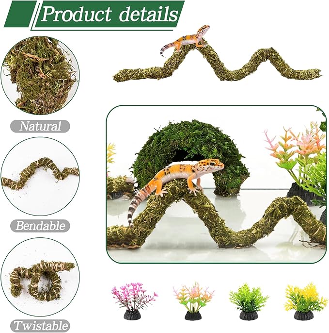 8 Pcs Reptile Hides and Caves Leopard Gecko Tank Accessories Bendable Moss Vine for Reptiles Fake Leaves Potted Plants for Terrarium Vivarium Hide