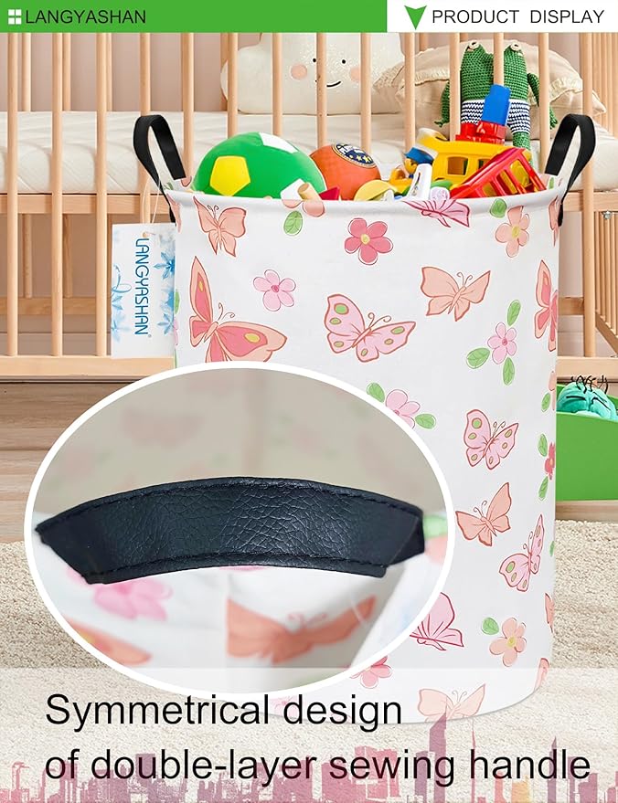 Laundry Basket Canvas Fabric Collapsible Organizer Basket for Storage Bin Toy Bins Gift Baskets Bedroom Clothes Children Nursery Hamper (Pink Butterfly)