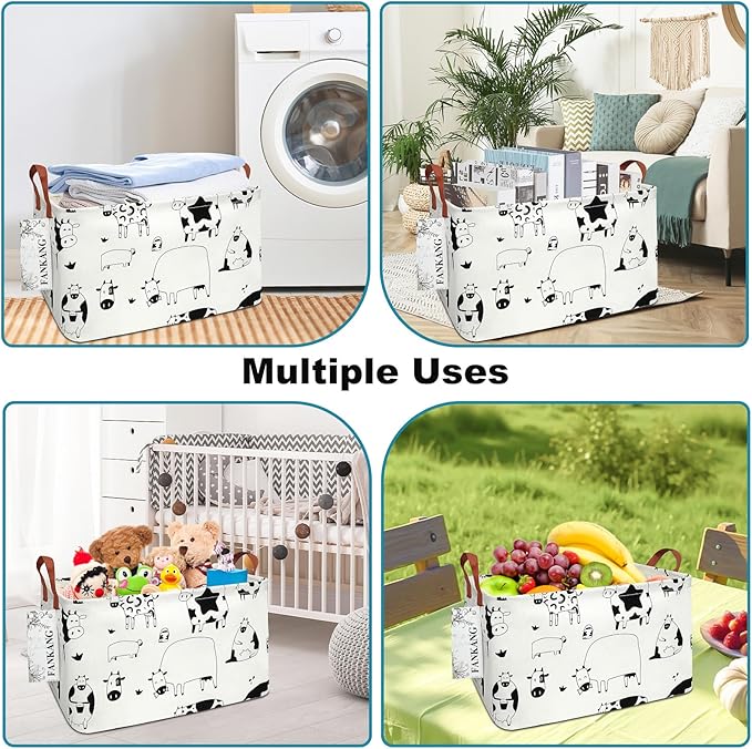 Storage Basket,Nursery Hamper Canvas Laundry Basket Foldable with Waterproof PE Coating Storage, Office, Bedroom, Clothes,Toys(L, Rec-cows)