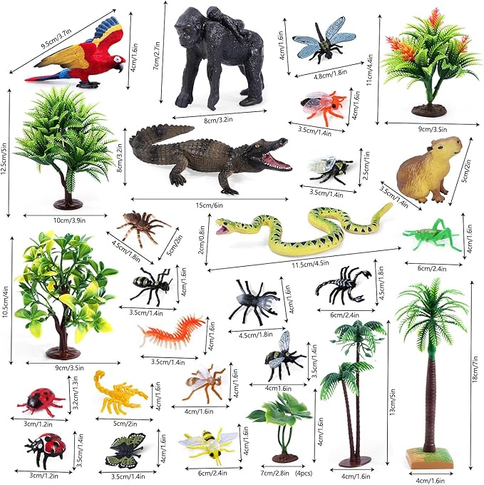 SIENON 39Pcs Realistic Rainforest Animal Figurines Set Rainforest Diorama Supplies with Gorilla Parrot Crocodile Capybara Jungle Animals Model Tree Playset for Kids School Project Birthday Decoration