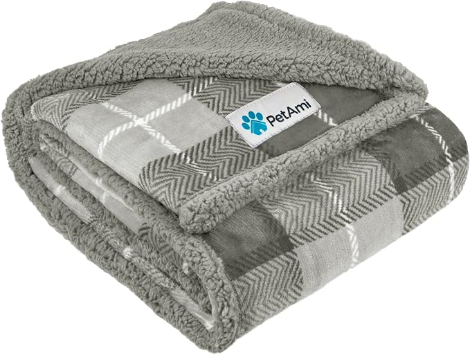 PetAmi Dog Blanket for Small Medium Dogs and Cats, Soft Sherpa Fleece Pet Blanket Throw Puppies Kittens, Reversible Plush Couch Cover Protector Sofa Bed Crate Machine Washable, 60x40, Plaid Light Gray