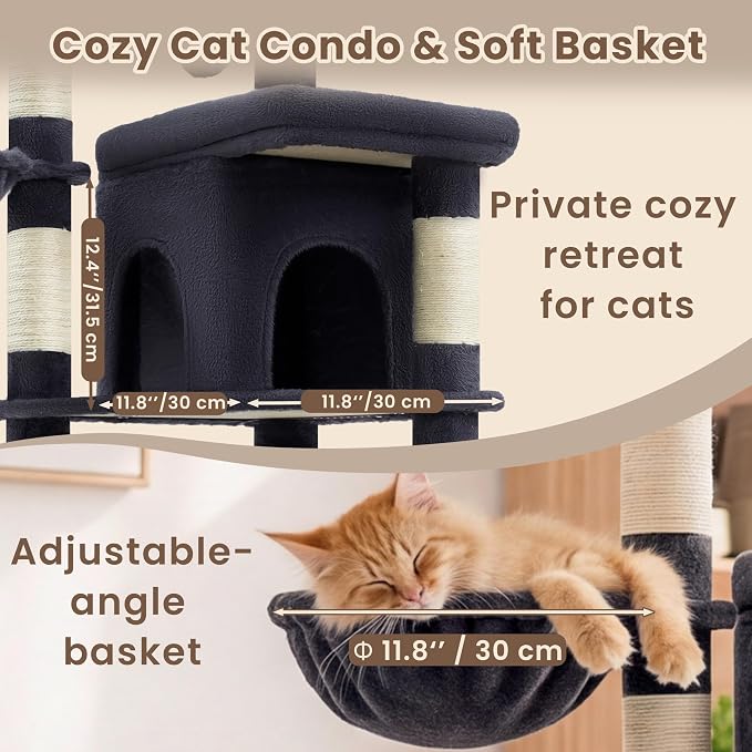 Heybly Cat Tree, 56-Inch Multi-Level Easy Climb Tower for Large Cats, Cat Furniture with 2 Perches, Cozy Hammock, Spacious Condo & Cat Basket, Durable Sisal Scratching Posts, Smoky Gray HCT028G