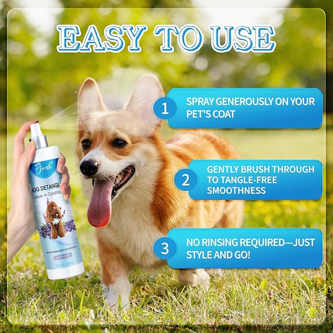 Pjordo Dog Detangler Spray, Natural Dog Leave in Conditioner Spray with Deshedding Brush and Metal Comb, for Grooming and Mat Removal (Lavender)