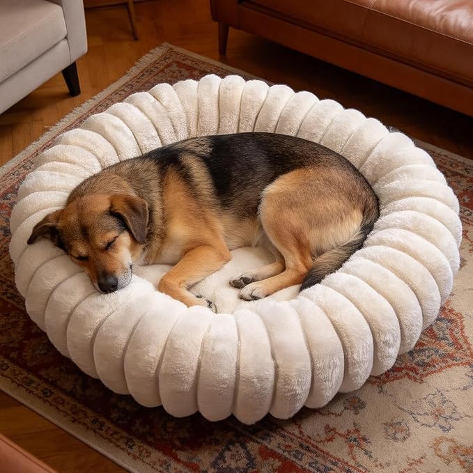 Donut Dog and Cat Bed, Luxurious Comfortable Faux Rabbit Fur Pet Beds, Round Anti-Anxiety Calming Puppy Kitten Bed with Anti-Slip Bottom for Small Medium Dogs & Cats(30", Brown)