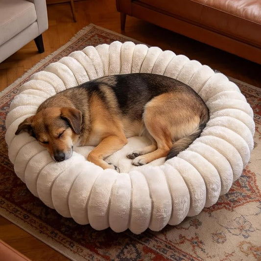 Donut Dog and Cat Bed, Luxurious Comfortable Faux Rabbit Fur Pet Beds, Round Anti-Anxiety Calming Puppy Kitten Bed with Anti-Slip Bottom for Small Medium Dogs & Cats(30", Brown)