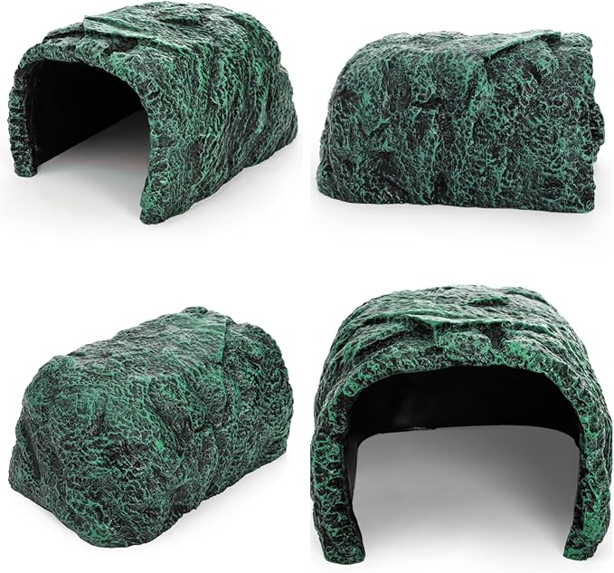Cididu Reptile Hide Rock Cave, Resin Habitat Hidden for Terrarium and Aquarium Decor, Green Hideout Hide Cave Fit for Bearded Dragons, Lizards, Snakes, Geckos, Tortoises, Small Animals, Amphibians