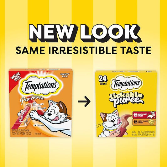 Temptations Creamy Puree Squeezable Lickable Cat Treats, Wet Cat Treats with Beef Liver and Cheese Variety Pack, 0.42 oz. Tubes, 24 Count