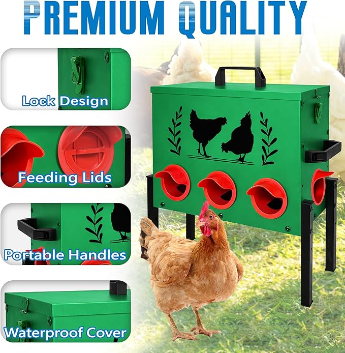 No Waste Automatic Chicken Feeder (50 LB), Rodent Resistant Metal Poultry Feeder with Locking Lid, Adjustable Stand & 8 Ports, Heavy Duty Weatherproof Feed Box for Hens, Ducks