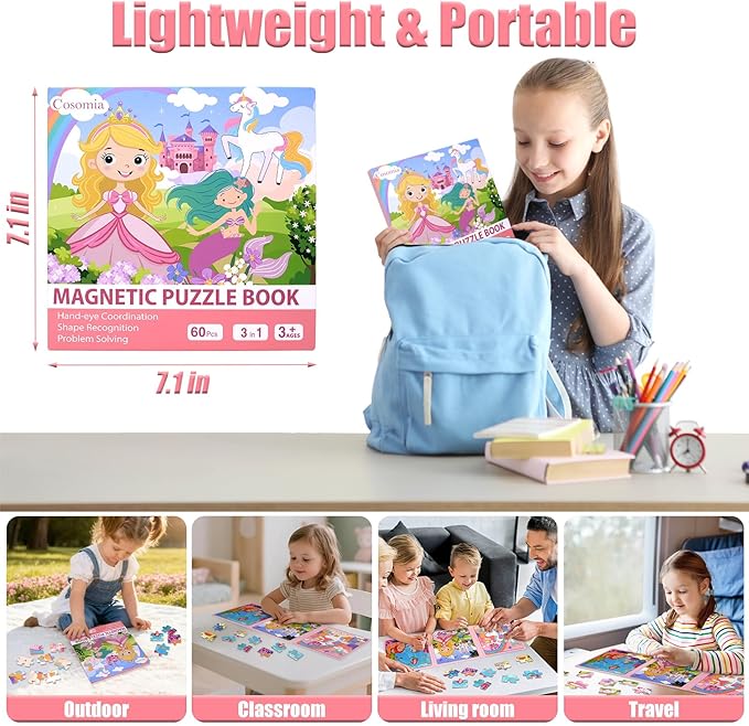 Magnetic Puzzles for Kids 3-5, 3-in-1 Princess Unicorn Mermaid Travel Puzzles for Kids Ages 4-6, Car Airplane Road Trip Activities Toys, Gifts for Girls