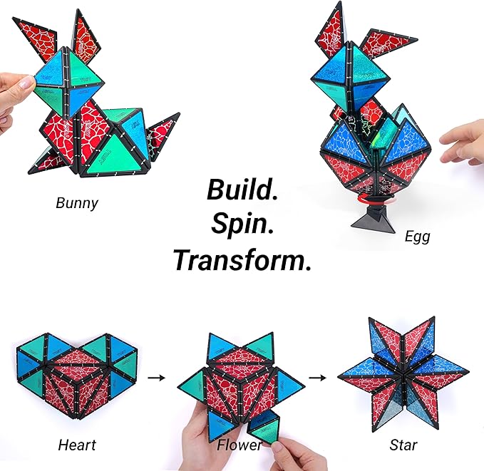 TOSY Magnet Pyramid Stone - 1 Cube Transforms into 1 Billion Shapes (Bunny, Egg Basket, Flowers, Heart…), 243 Rare Earth Magnets, Holographic Design, Puzzle/STEAM Toy, Easter Birthday Gift, 2-Pack