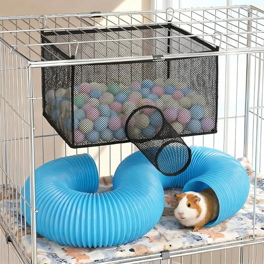 Mifoci Ferret Ball Hammock with Tunnel, Hanging Mesh Play Cube for Cage, Washable Small Animal Bed for Ferrets, Rats, Chinchillas & Guinea Pigs, 4 Clips, Black, (Balls Not Included)