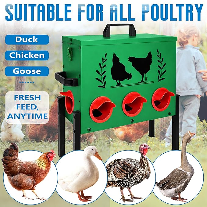 No Waste Automatic Chicken Feeder (50 LB), Rodent Resistant Metal Poultry Feeder with Locking Lid, Adjustable Stand & 8 Ports, Heavy Duty Weatherproof Feed Box for Hens, Ducks