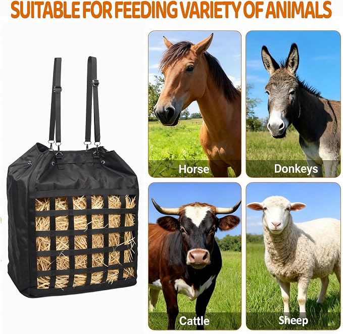 Extra-Large 25×21×9 in Slow-Slow Feed Hay Bag with Drawstring Closure & Rope-Head Pocket – Heavy-Duty Oxford Fabric Horse, Donkey & Goat Hay Feeder – Prevents Waste & Enhances Safety