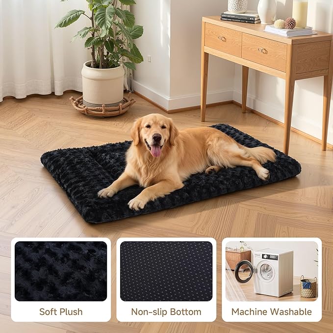 Washable Dog Bed Mat Ultra Soft Dog Crate Pad Comfy Fluffy Pet Kennel Beds Sleeping Mattress for Large Jumbo Medium Small Dogs, 36 x 23 Inch, Black