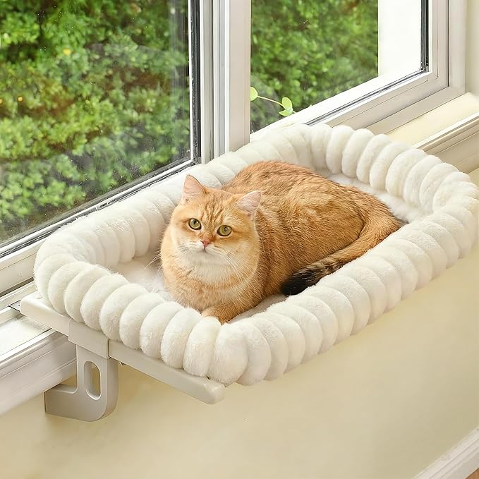Zoratoo Cloud-Cuddle Cat Window Perch with 4-Sided Bolster, Zipper Design Cushion Window Seat for Window Sill, Sturdy Metal Frame & Easy Assembly Pet Hammock Bed for Indoor Cats (White, Medium)