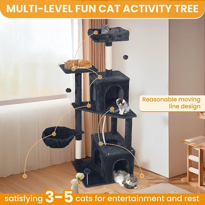 54-Inch Cat Tree Tower with 2 Caves & 2 Pompoms - Multi-Level Tower for Indoor Cats, Soft Plush Condo with Scratching Posts - Sturdy Base for Large Cats(Dark Gray)