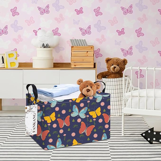 Storage Bins, Nursery Hamper Canvas Laundry Basket Foldable with Waterproof PE Coating Large Storage Baskets for Kids Boys and Girls, Office, Bedroom, Clothes,Toys(Rec-Colorful Butterfly ）