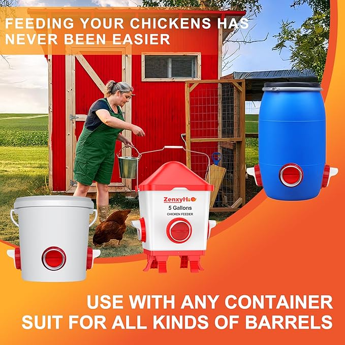 ZenxyHoC Large Chicken Feeders No Waste, DIY Automatic Poultry Feeder 4 Ports 3.74 in Hole Saw with Covers Gravity Feed Kit for Buckets Barrels Bins Troughs