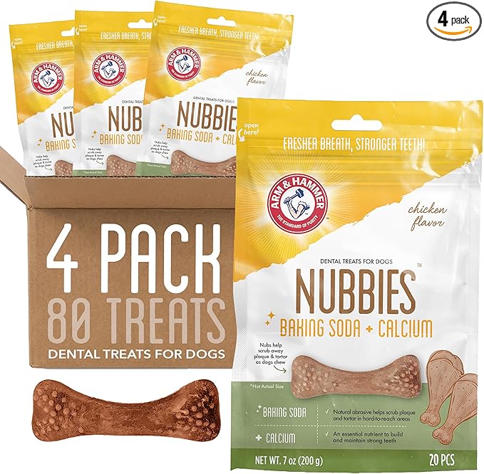 Arm & Hammer for Pets Nubbies Dental Treats - Baking Soda & Calcium Dog Dental Chews, Nubbed Texture Helps Scrub Plaque & Tartar While Chewing, Chicken Flavor, 20 Count, 7 Ounce - 4 Pack