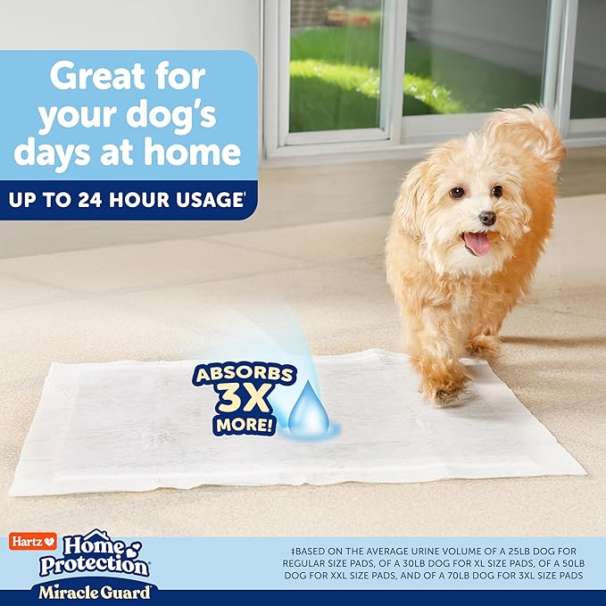Hartz Miracle Guard Dog and Puppy Dog Pads Max Absorbency 24 Hour Use Odor Eliminating No Leaks, Regular Size 25 Count