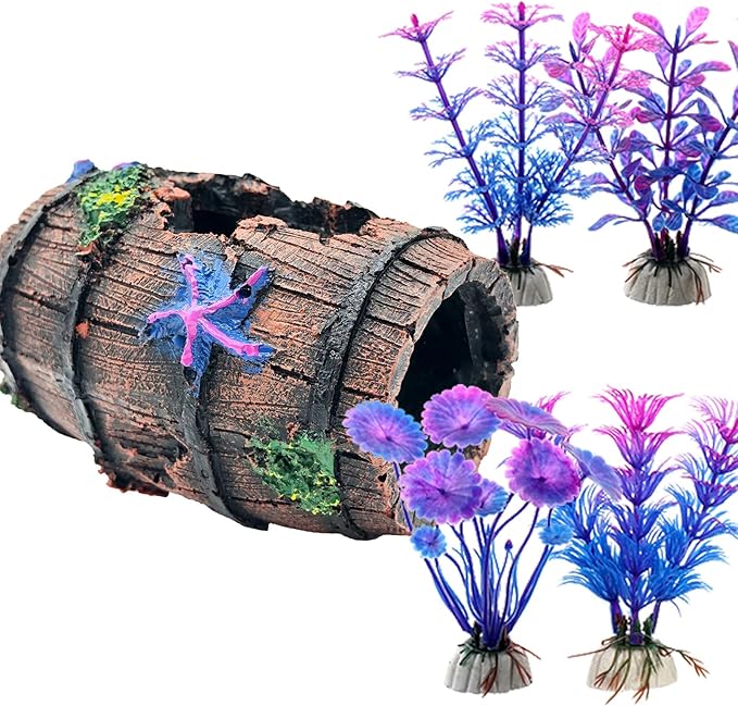 Faeshoo Fish Tank Decoration Betta Fish Tank Decorations Accessories for Aquarium Tank, Starfish Barrel x 1pc, Aquatic Plants x 4pcs