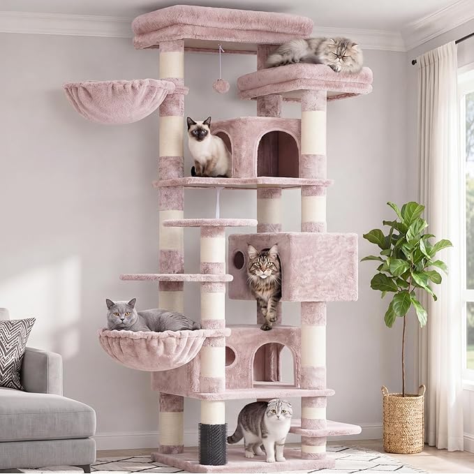 Hey-brother Cat Tree, 74 inches Multi-Level XL Large Cat Tower for Indoor Cats with Three Cat Condos, Two Large Top Decks and Cat Hairbrushfor Kittens, Cats and Pets,Muchroom MPJ035-MMU