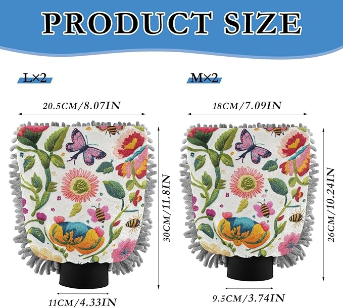 Car Wash Mitt Microfiber Wash Mitts for Car Washing Scratch-Free Cleaning Gloves Soft Non Absorbent Chenille Auto Hand Mitt Medium 2Pack Embroidered Flowers Bee Butterfly