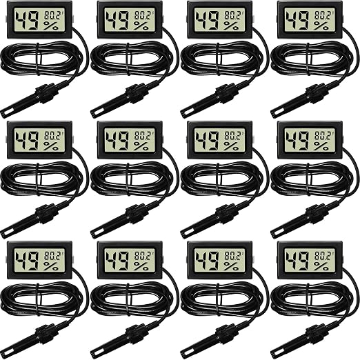 Weewooday Mini Digital Temperature Humidity Meters Gauge with Probe Gauge LCD Fahrenheit Display Thermometer Hygrometer for Incubator Reptile Plant Greenhouse Chicken Coop Garden(Black, 12 Pieces)