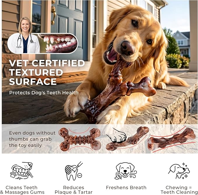 Kseroo Indestructible Dog Chew Toys for Aggressive Chewers: 3-Pack Bacon Flavored Rock-Hard Solid Nylon Dog Bones for Medium & Large Dogs(25-90lbs), Heavy Duty Tough Dog Toys to Keep Them Busy, Brown