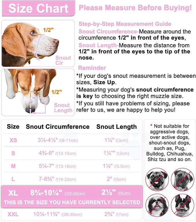 LUCKYPAW Dog Muzzle, Mesh Muzzle for Large Medium Dogs, Soft Mouth Cover to Prevent Biting Chewing, Drinkable Breathable Adjustable Puppy Mouth Guard(XL, Pink)