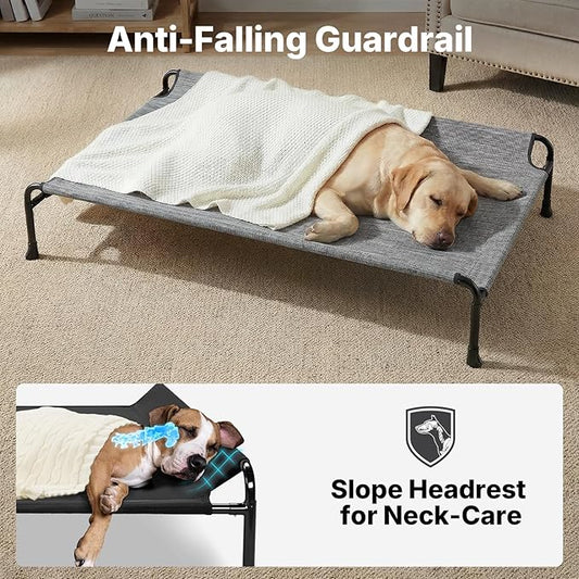 Veehoo Outdoor Dog Bed, Raised Dog Bed for Large Dogs, Elevated Dog Bed with Headrest, 47" Cooling Washable Pet Cot, Breathable Dog Hammock for Camping & Indoor, Non-Skid, Black Silver