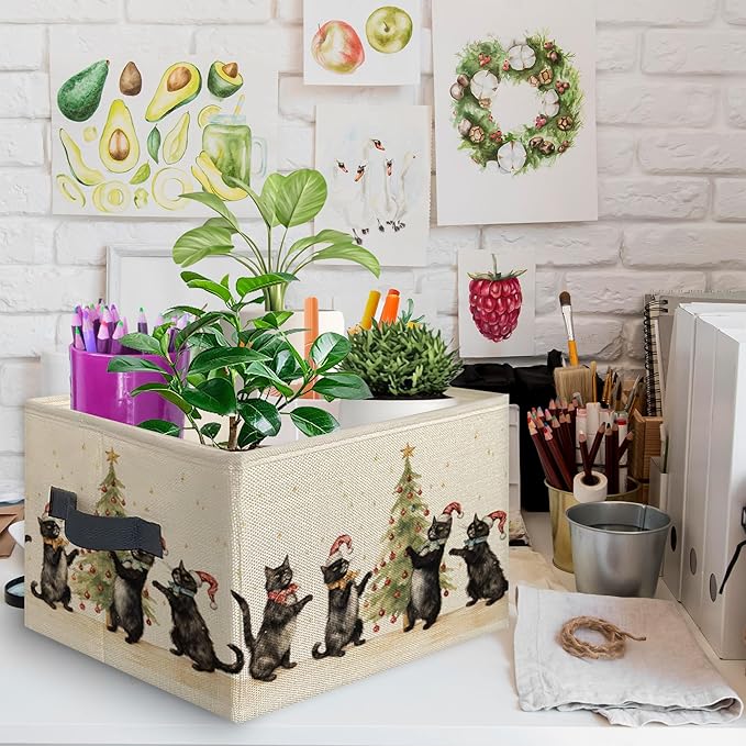 Black Cat Christmas Tree Foldable Storage Bins Box with Handles, Black Cat Mom Lovers Gifts for Women, Christmas Kitten Collapsible Toys Books Clothes Organizer Basket for Bedroom Bathroom