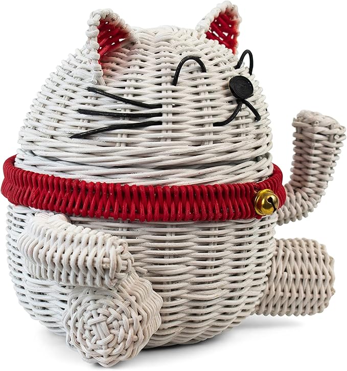 G6 Collection Lucky Cat Rattan Storage Basket With Lid Decorative Bin Home Decor Hand Woven Shelf Organizer Cute Handmade Handcrafted Nursery Gift Animal Art Decoration Artwork Lucky Cat