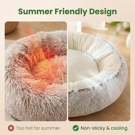 Calming Donut Dog Bed Cat Bed, Fluffy Long Fur Outer & Short Fur Inner, Sweat-Free Cozy Cuddler, Non-Slip Bottom,for Small Medium Dogs Cats Puppy Kitten (Donut Bed - Coffee Color, Medium 19.7 Inches)