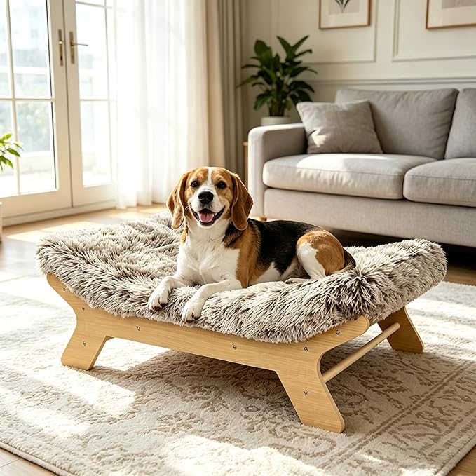 Elevated Dog Bed 36⅝" × 23⅝" × 12⅜", Raised Wooden Medium Dog Bed Frame and Mattress for Medium Pets up to 50 lbs