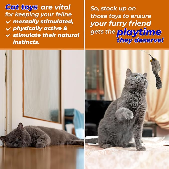 Kats'N Us 2 Inch Real Rabbit Fur Feather Tail Handmade Cat Toy with 19 Inch White Wand - Gray, Colorful Teaser with Bell, Durable Fiberglass Wand & Line, Interactive Exercise Attachment Set for Cats