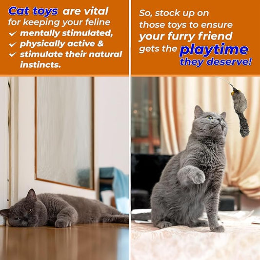 Kats’N US 2 Inch Real Rabbit Fur Handmade Mouse Cat Toy with 19 Inch White Wand - Gray, White Teaser with Bell, Durable Fiberglass Wand & Line, Hunting Instinct Interactive Attachment Set for Cats