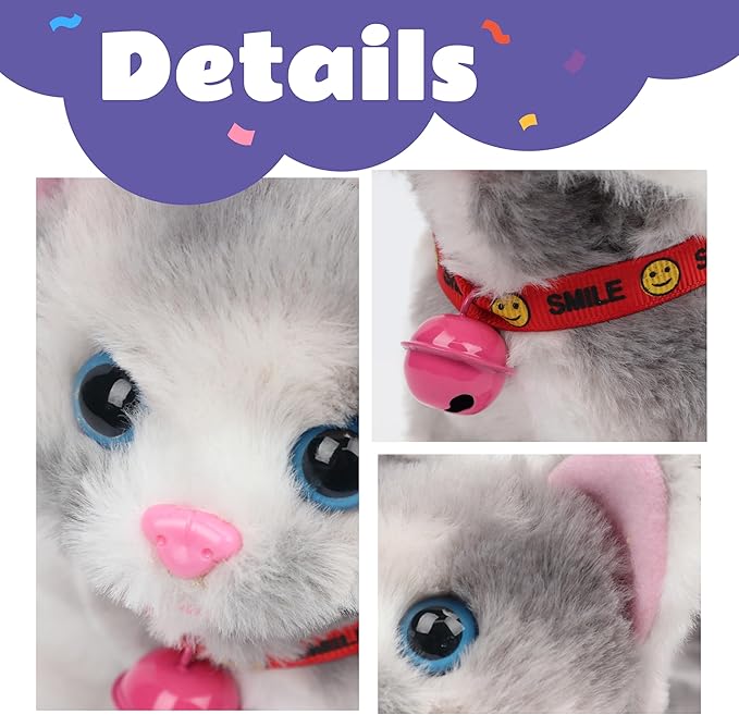 Walking Grey Cat Stuffed Animal Talking Wagging Nodding Educational Plush Kitty Toy Electric Interactive Animated Plushies for Girls Boys Birthday, 7"