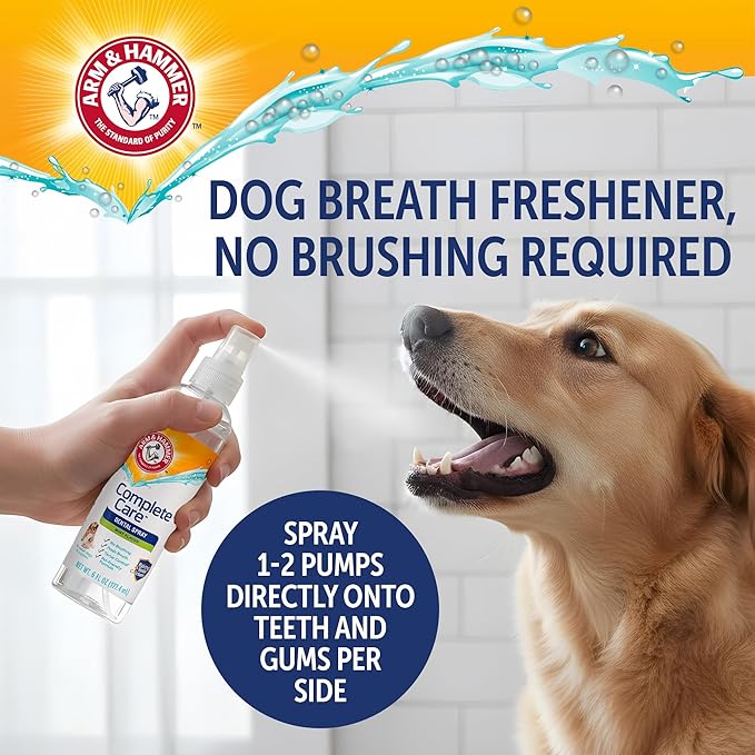 Arm & Hammer Complete Care Dog Dental Spray, Mint Flavor, Brushless Dog Breath Freshener with Baking Soda and Calcium for Tooth Enamel Support, Fluoride-Free, 6 Fl Oz